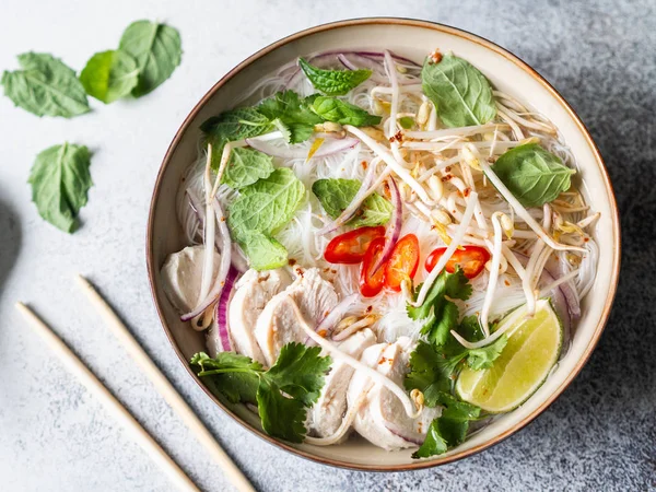 Geleneksel Vietnam çorbası tavuklu ve pilav erişteli fo ga, nane ve kişniş, kırmızı soğan, kırmızı biber, fasulye filizi ve gri arka planda limon. Asya yemekleri. Üst görünüm