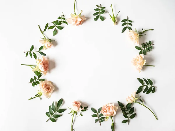 Nature creative round frame of green leaves and roses on a white background. Top view. Copy space