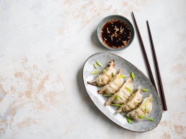 Geleneksel Çin hamur köfteleri, oval tabakta domuz eti ve sebzeli ve soya soslu kase. Üst Manzara. Boşluğu kopyala
