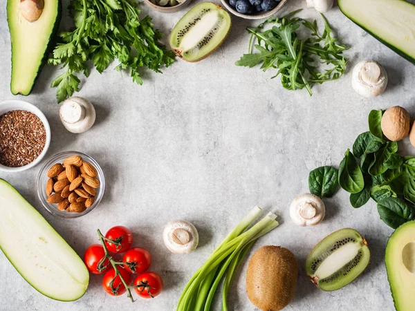 Zdravé Vegetariánské Čisté Ingredience Rám Ovoce Zelenina Byliny Houby Ořechy — Stock fotografie