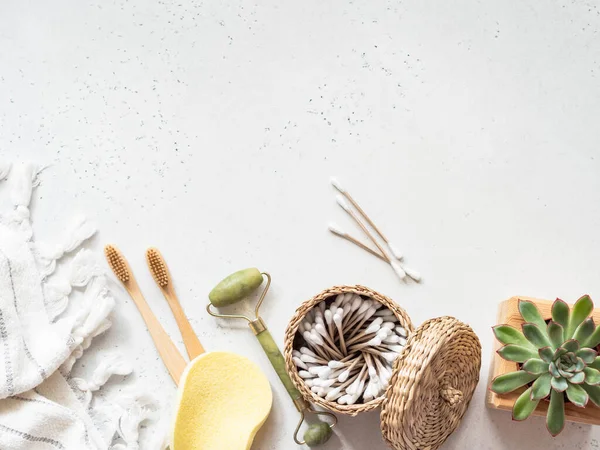 Colocación Plana Diversos Productos Cuidado Higiene Piel Mujer Planta Suculenta — Foto de Stock