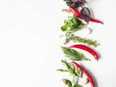 Nane, kekik, dereotu, maydanoz, fesleğen ve tarhun, sarımsak ve kırmızı biber. Üst Manzara. Boşluğu kopyala