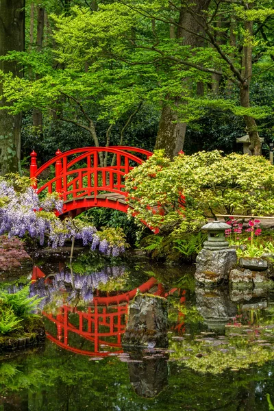 Japon bahçe gölet üzerinde parlak kırmızı köprü