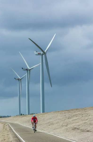 Hollandalı bisikletçi bir dike yakın Rüzgar türbinleri üzerinde yarış