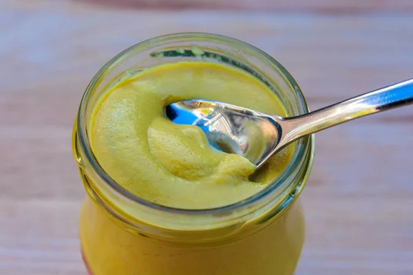 Creamy smooth mustard in jar — Stock Photo, Image