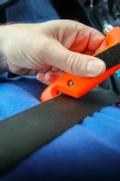 Safety Hammer Seat Belt Cutter Being Used Seat Belt Car Stock Image