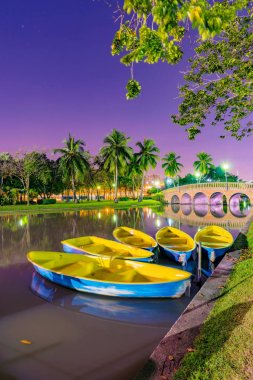 Boats on the lake in a park at night clipart