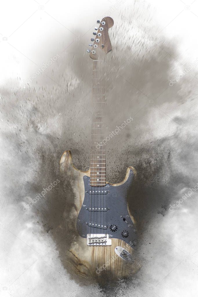 Illustrative composite photo of vintage walnut natural Fender Stratocaster electric guitar on white background. Exploding on a in to pieces.