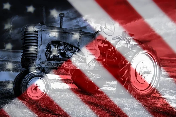 Old American flag background for Memorial Day or 4th of July, old american tractor in the backdrop. — Stock Photo, Image