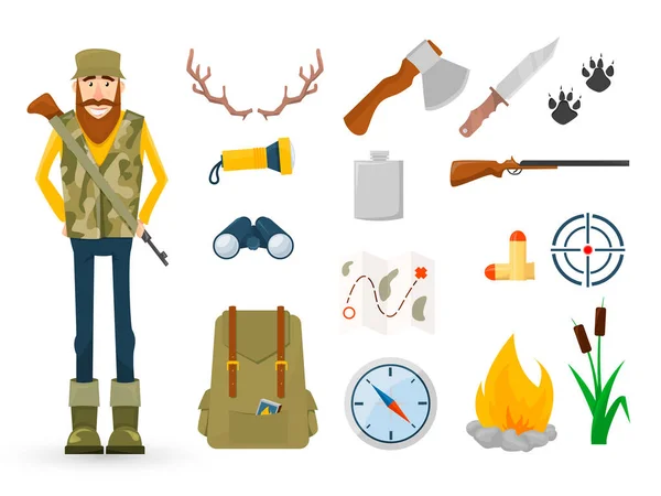 Hunter and accessories for hunting Icon set — Stock Vector