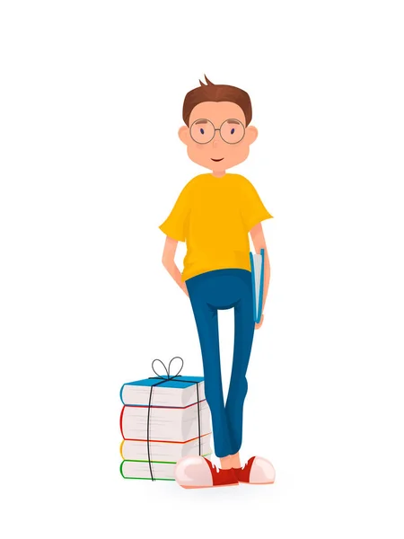 Appy boy standing with a stack of books. Back to school. Cartoon style. — Stock Vector