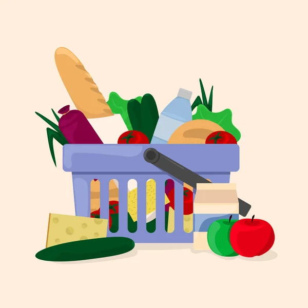 Panier complet avec de la nourriture. Chariot supermarché . — Image vectorielle
