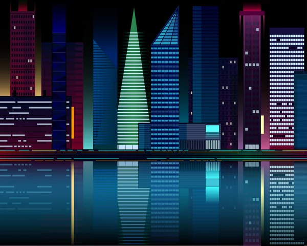 gece şehir ışıkları suda yansıyan.