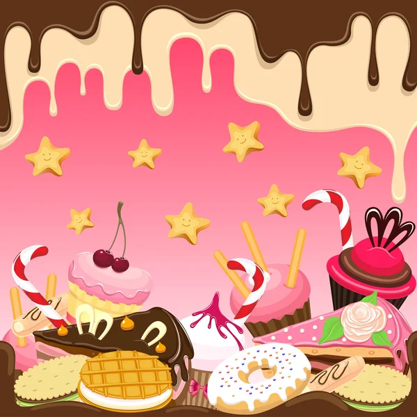 お菓子、ビスケット、ケーキ、キャンディー、チョコレート、ドーナツ、ワッフルと背景. — ストックベクタ