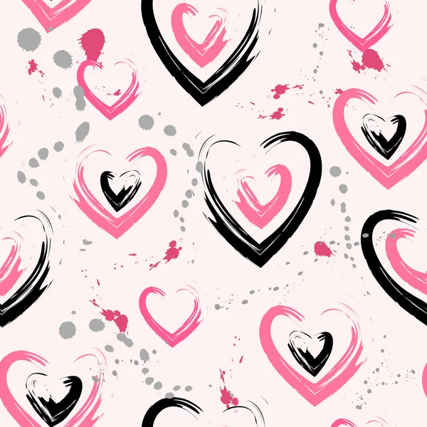 Leuchtend rosa Hintergrund mit rosa und schwarzen Herzen und grauen Flecken. — Stockvektor