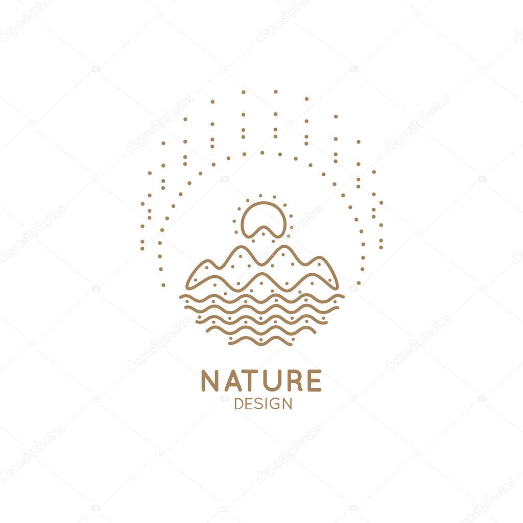 Vector oval logo of nature elements. Linear icon of landscape with mountains, river, sun - business emblems, badge for a travel, tourism and ecology concepts, health and yoga Center.