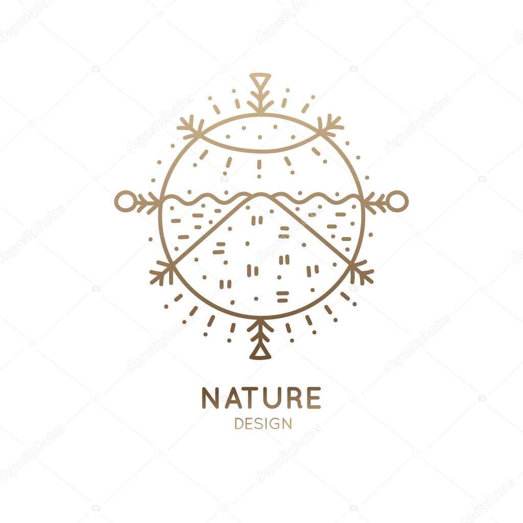 Vector logo of nature abstract elements. Round sacred symbol. Outline icon landscape, sun, sea, mountain - business emblems, badge for a travel, zen, ecology, health concepts, health, yoga Center