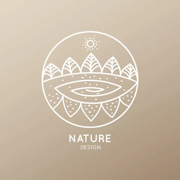 Logo elementów przyrodniczych na złotym tle. Liniowa ikona krajobrazu z drzewami i rzeką - godła biznesu, odznaka za koncepcje podróży, rolnictwa i ekologii, Centrum Zdrowia i Jogi. — Zdjęcie stockowe