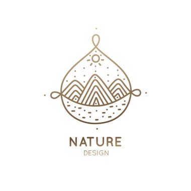 Doğa elementlerinin vektör logosu düşüşü şekillendiriyor. Dağlar, nehir, güneş, iş amblemleri, seyahat, turizm ve ekoloji kavramları, dövme, sağlık, spa ve yoga alanlarının doğrusal ikonu