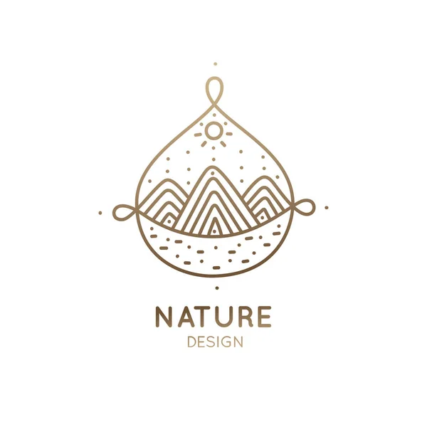 Logo vectorial de los elementos de la naturaleza en la forma de la gota. Icono lineal del paisaje con montañas, río, sol - emblemas de negocios, insignia de un viaje, conceptos de turismo y ecología, tatuaje, salud, spa y yoga — Vector de stock