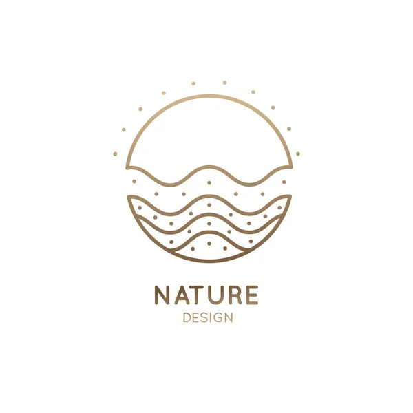 Vector simple logotipo de la naturaleza. Icono lineal redondo de paisaje con mar y sol. Logotipo mínimo para emblemas de negocios, distintivo para conceptos de viajes, turismo y ecología, salud y yoga Centro . — Vector de stock