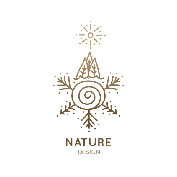 Logo vectoriel des éléments de la nature. Icône linéaire de paysage minimal avec arbres, neige, soleil, lac emblèmes d'affaires, badge pour un voyage, concepts agricoles et écologiques, santé et yoga Center . — Image vectorielle