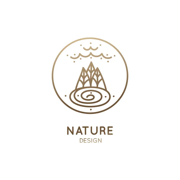 Logo vettoriale degli elementi della natura in stile lineare. Outline icona rotonda del paesaggio con alberi, fiume o lago, nuvole emblemi di business, distintivo per i concetti di viaggio, agricoltura ed ecologia, salute, yoga — Vettoriale Stock