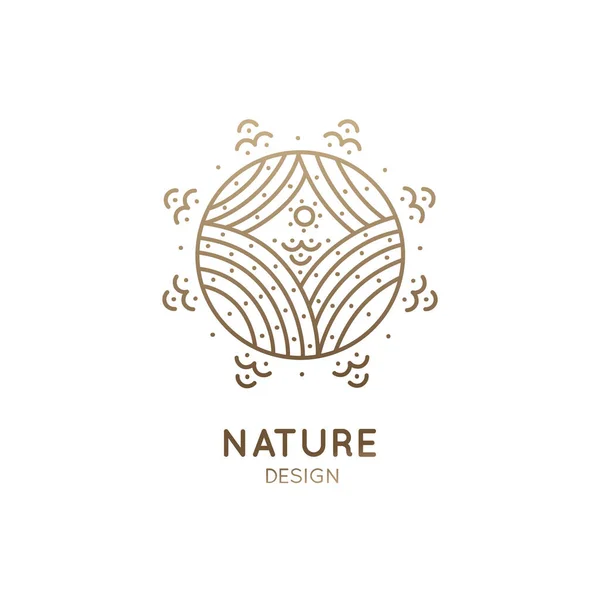 Padrão de logotipo vetorial de elementos da natureza. Ícone linear da paisagem de inverno com campos, neve, nuvens, sol - emblemas de negócios, distintivo de uma viagem, conceitos de agricultura e ecologia, centro de saúde e ioga . — Vetor de Stock