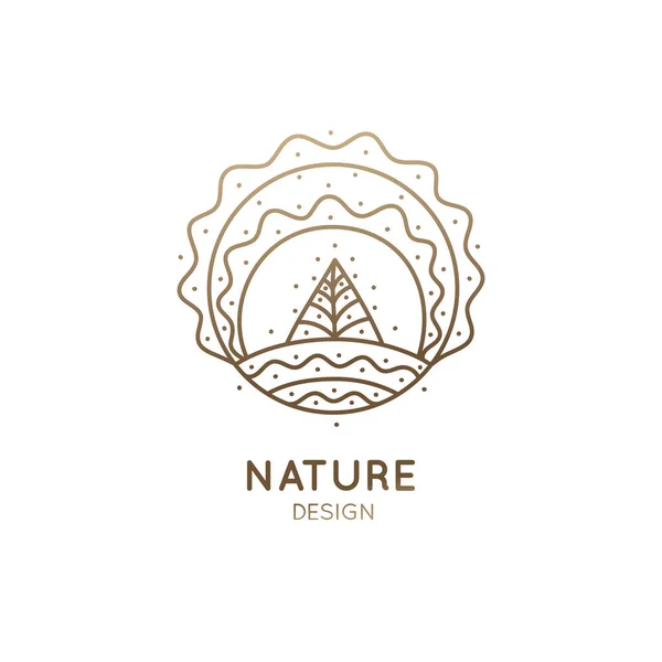 自然的矢量标识是线性风格的.有树木、阳光、田野、雪地、商业标志、旅游徽章、耕作和生态概念、健康、温泉和瑜伽中心的图片说明. — 图库矢量图片