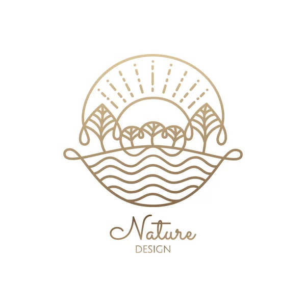 Abstraktes Logo von Naturelementen auf weißem Hintergrund. Lineare Ikone der Landschaft mit Bäumen, Sonne, Fluss - Geschäftssymbole, Abzeichen für Reisen, landwirtschaftliche und ökologische Konzepte, Gesundheits- und Yogazentrum. — Stockfoto