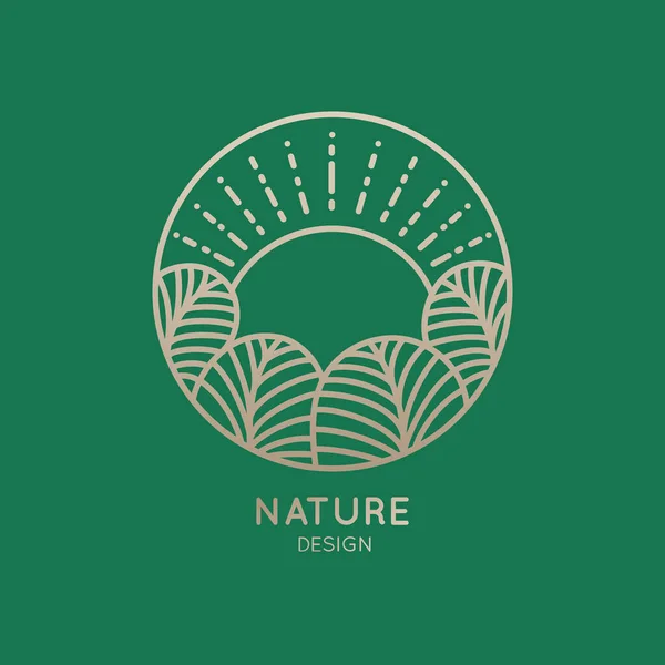 Logotipo abstracto de elementos de la naturaleza sobre fondo verde. Icono lineal del paisaje con árboles y sol en círculo - emblemas de negocios, insignia de un viaje, conceptos de agricultura y ecología, salud y yoga Centro —  Fotos de Stock