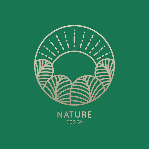 Logotipo abstrato dos elementos da natureza sobre fundo verde. Ícone linear de paisagem com árvores e sol em círculo - emblemas de negócios, distintivo para uma viagem, conceitos de agricultura e ecologia, centro de saúde e ioga — Fotografia de Stock