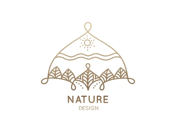 Abstraktes Logo von Naturelementen auf weißem Hintergrund. Lineare Ikone der Landschaft mit Bäumen und Sonne - Firmenembleme, Abzeichen für eine Reise, Wellness- und Ökologiekonzepte, Gesundheits- und Yogazentrum. — Stockfoto