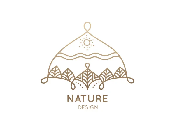 Logotipo abstracto de elementos de la naturaleza sobre fondo blanco. Icono lineal del paisaje con árboles y sol: emblemas de negocios, insignia de un viaje, conceptos de spa y ecología, centro de salud y yoga . — Foto de Stock