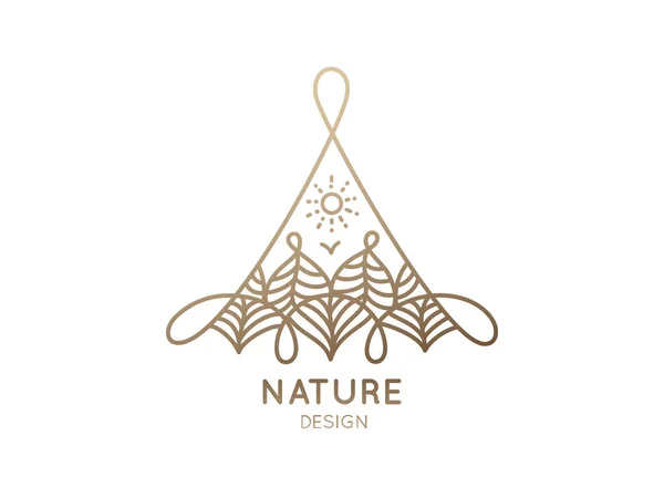Triangle logo of nature elements on white background. Linear icon of landscape with trees and sun - business emblems, badge for a travel, spa and ecology concepts, health and yoga