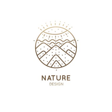 Doğanın soyut elementlerinin vektör logosu. Yuvarlak kutsal sembol. Güneş, dağlar, iş simgeleri, seyahat rozeti, bütünsel, zen, ekoloji kavramları, sağlık, yoga merkezi.
