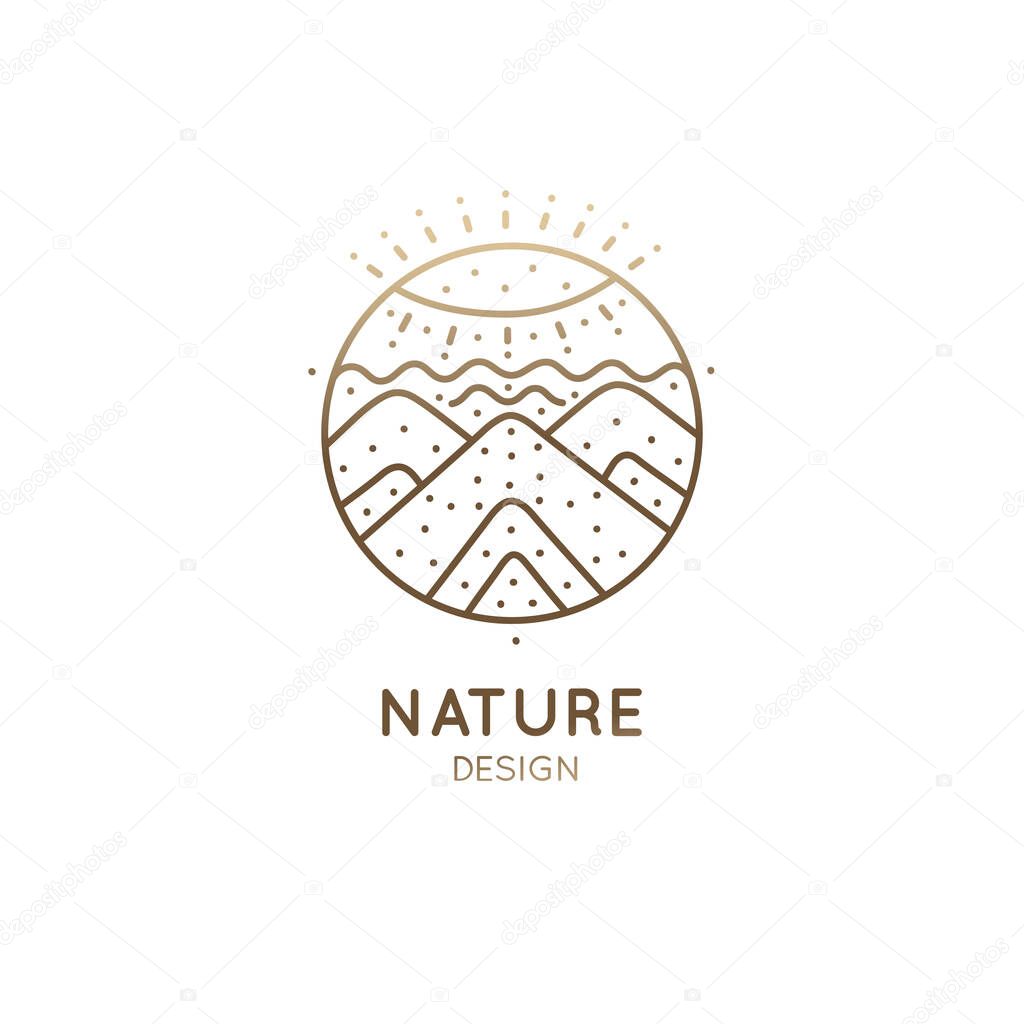 Vector logo of nature abstract elements. Round sacred symbol. Outline icon of landscape with sun, mountains - business emblems, badge for a travel, holistic, zen, ecology concepts, health, yoga Center