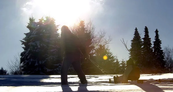 Sleigh binmek arka aydınlatma soğuk kış sahnesi