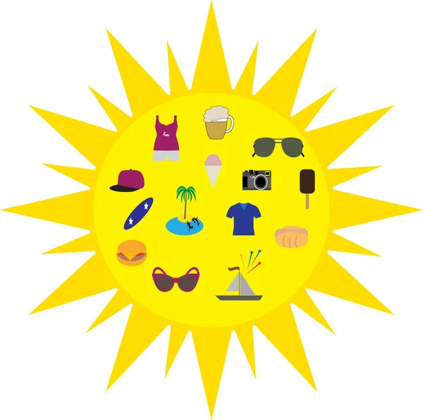 Conjunto de iconos sobre fondo de sol de verano — Vector de stock