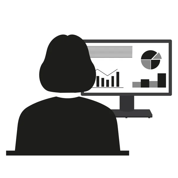 Mujer en el ordenador sobre un fondo blanco — Vector de stock