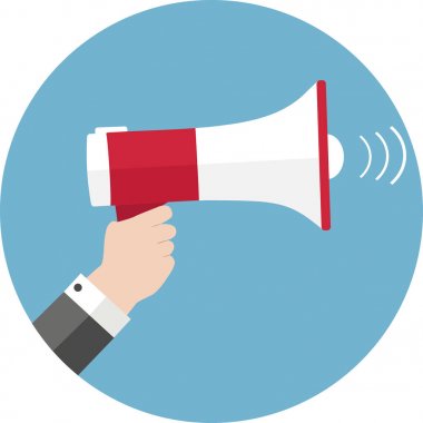 Elinde mavi bir arka plan üzerinde kırmızı megafon