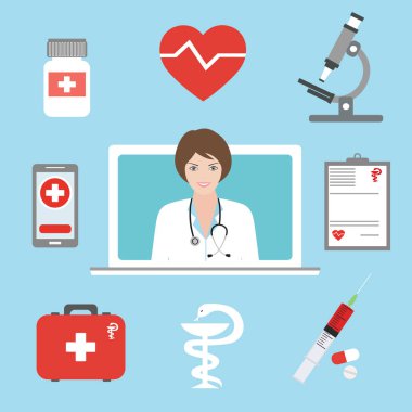 Woman doctor with computer on blue background