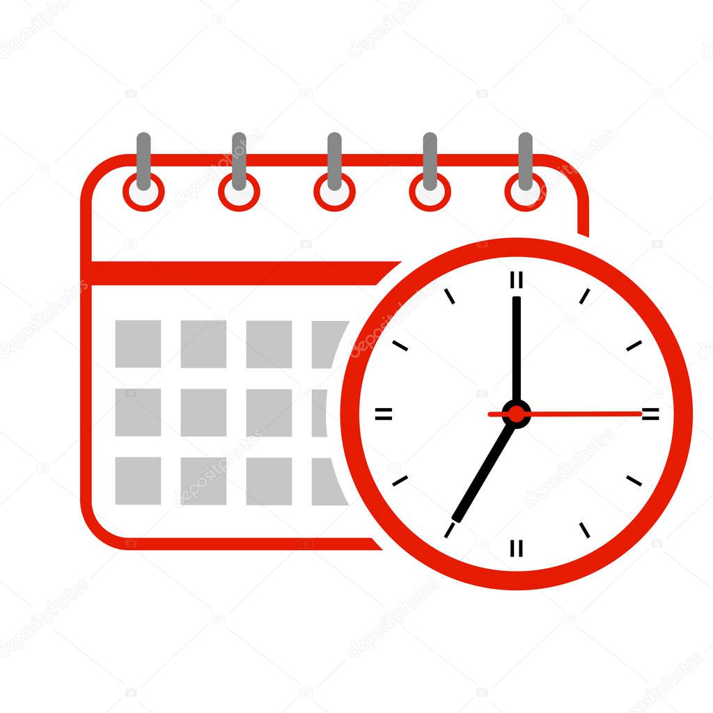 Red calendar with clock on white background