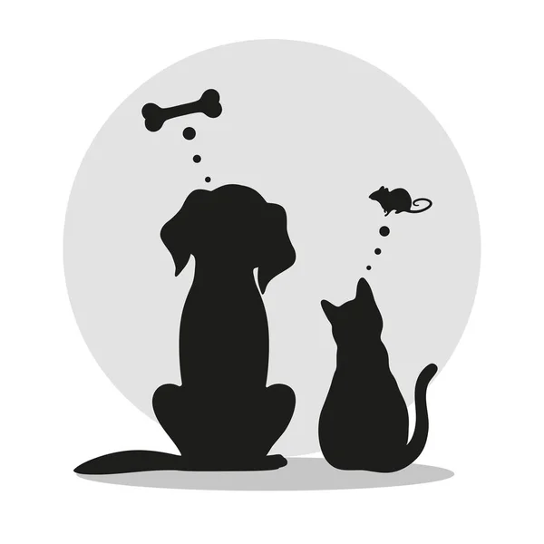 Hund och katt i bakgrunden av månen med tankar — Stock vektor