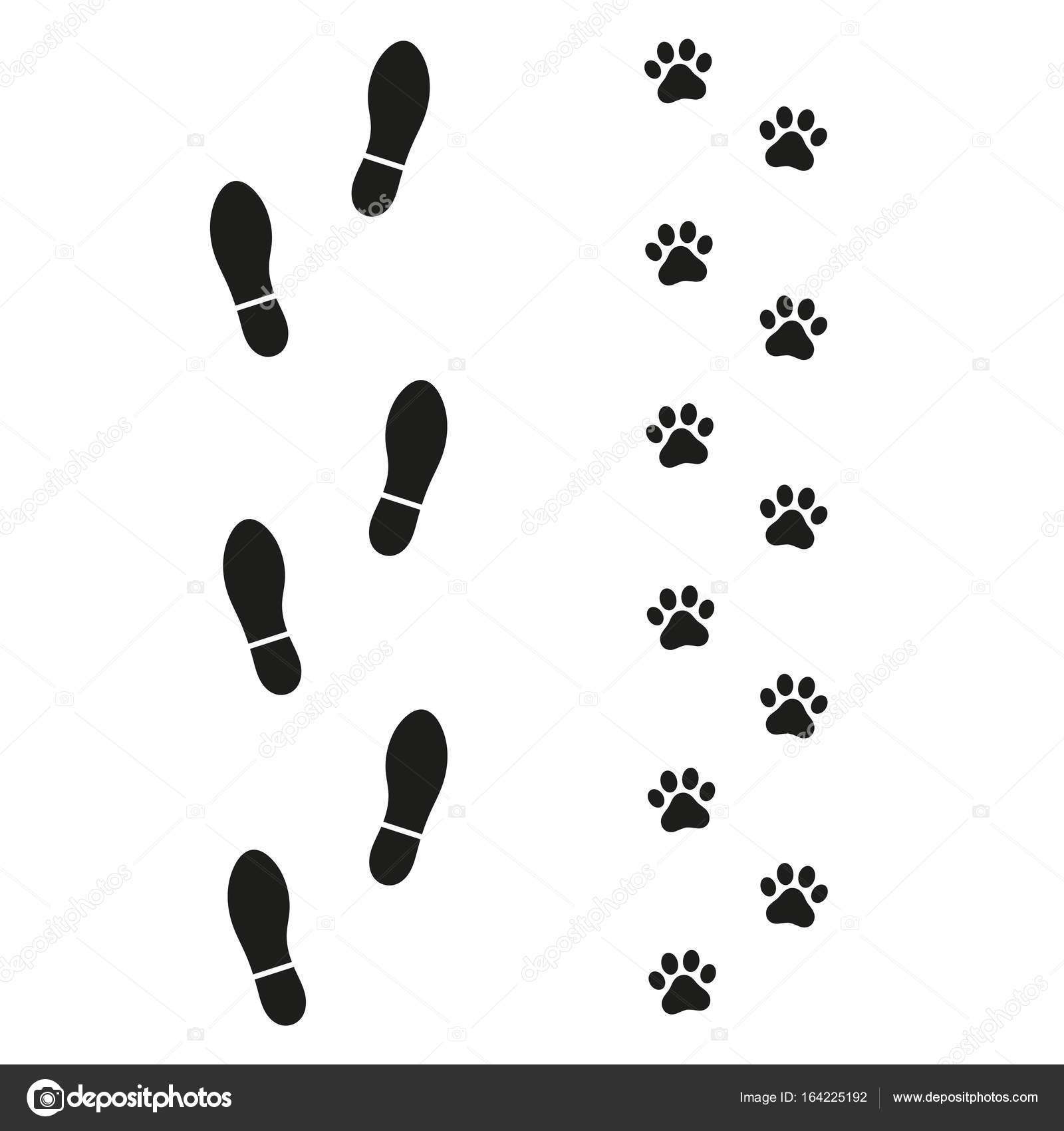 Spuren von Mensch und Hund auf weißem Hintergrund