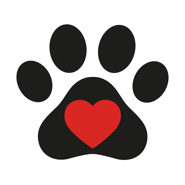 Cat paw footprint in heart. Vector. Love Cats. Animals, Pets, Puppies,  Kittens, Dogs . Red heart with cat white paw print inside. Symbol of love.  Postcard, emblem, icon, print, cover, sticker, t