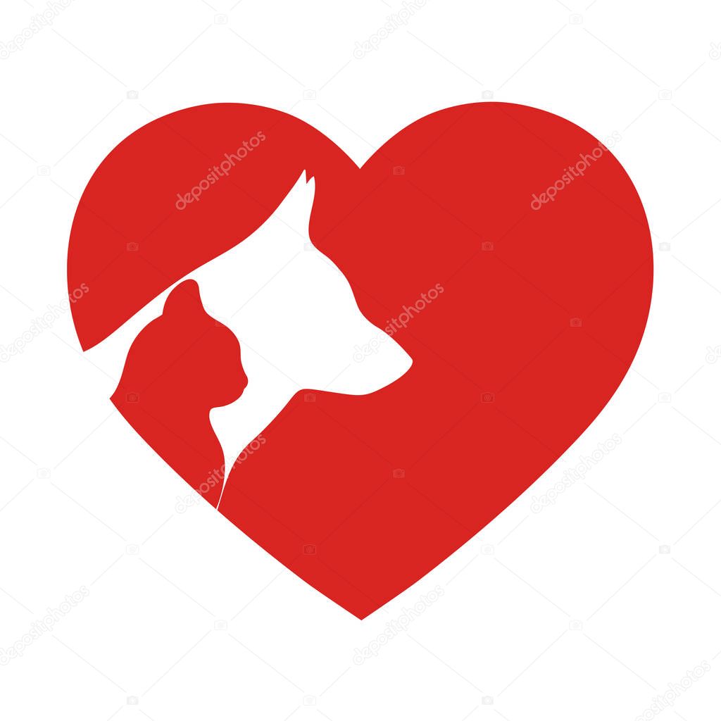 dog with a cat on the background of the heart