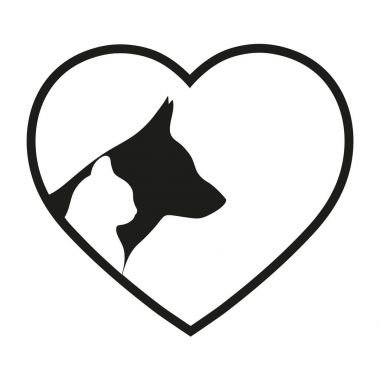 bir köpek ve kedinin kalp bir arka plan üzerine siluetleri