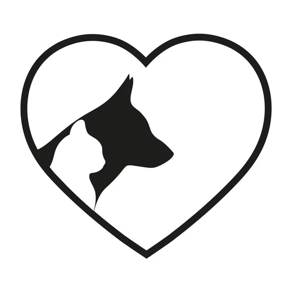 bir köpek ve kedinin kalp bir arka plan üzerine siluetleri