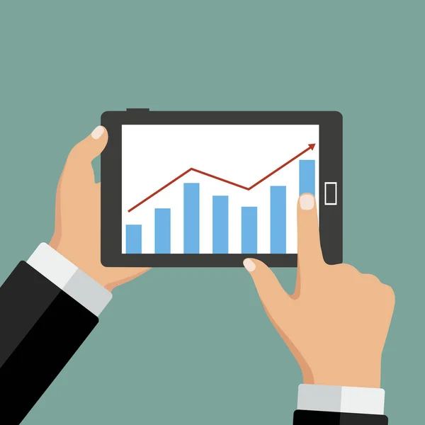 Dator i handen med business diagram — Stock vektor